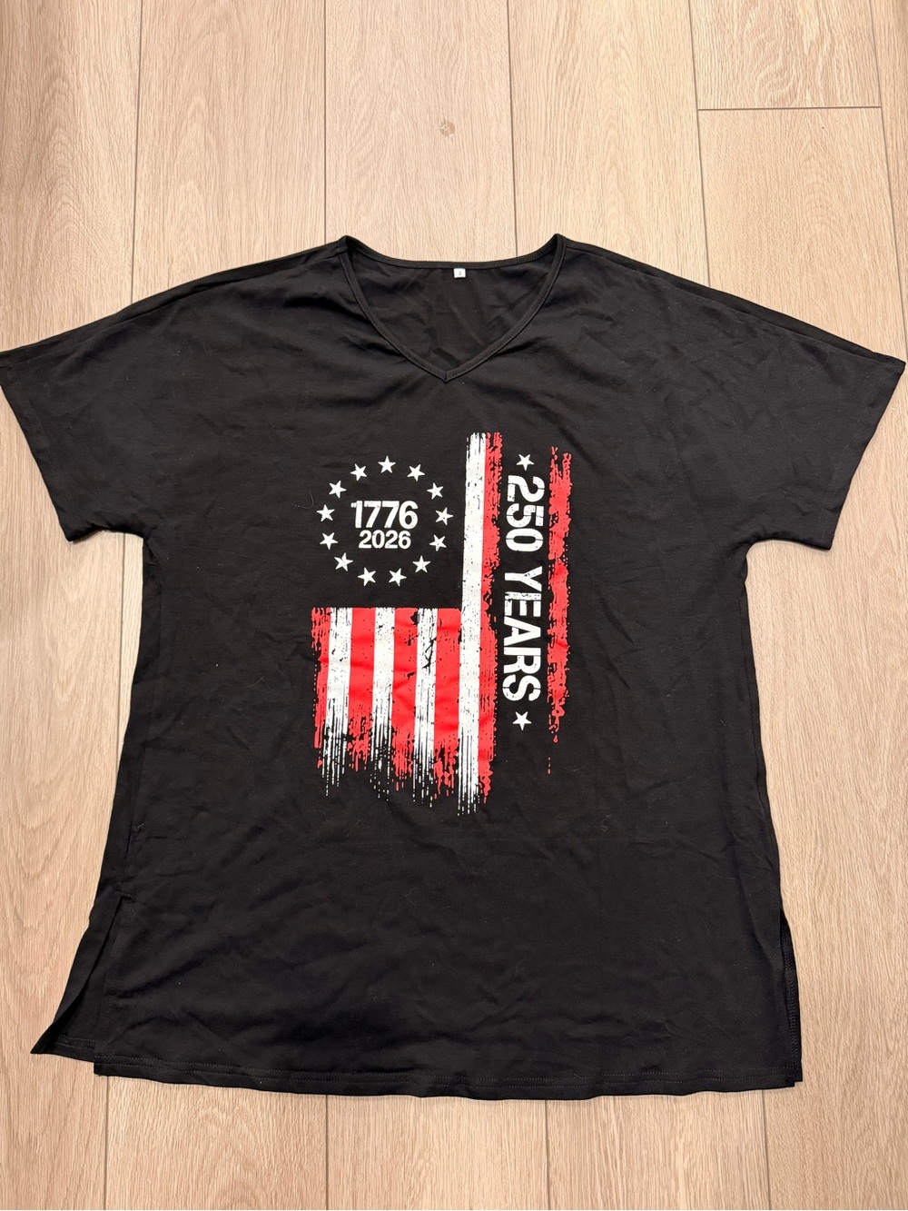 New size small Black V-Neck Graphic Tee - 250 Years 1776-2026